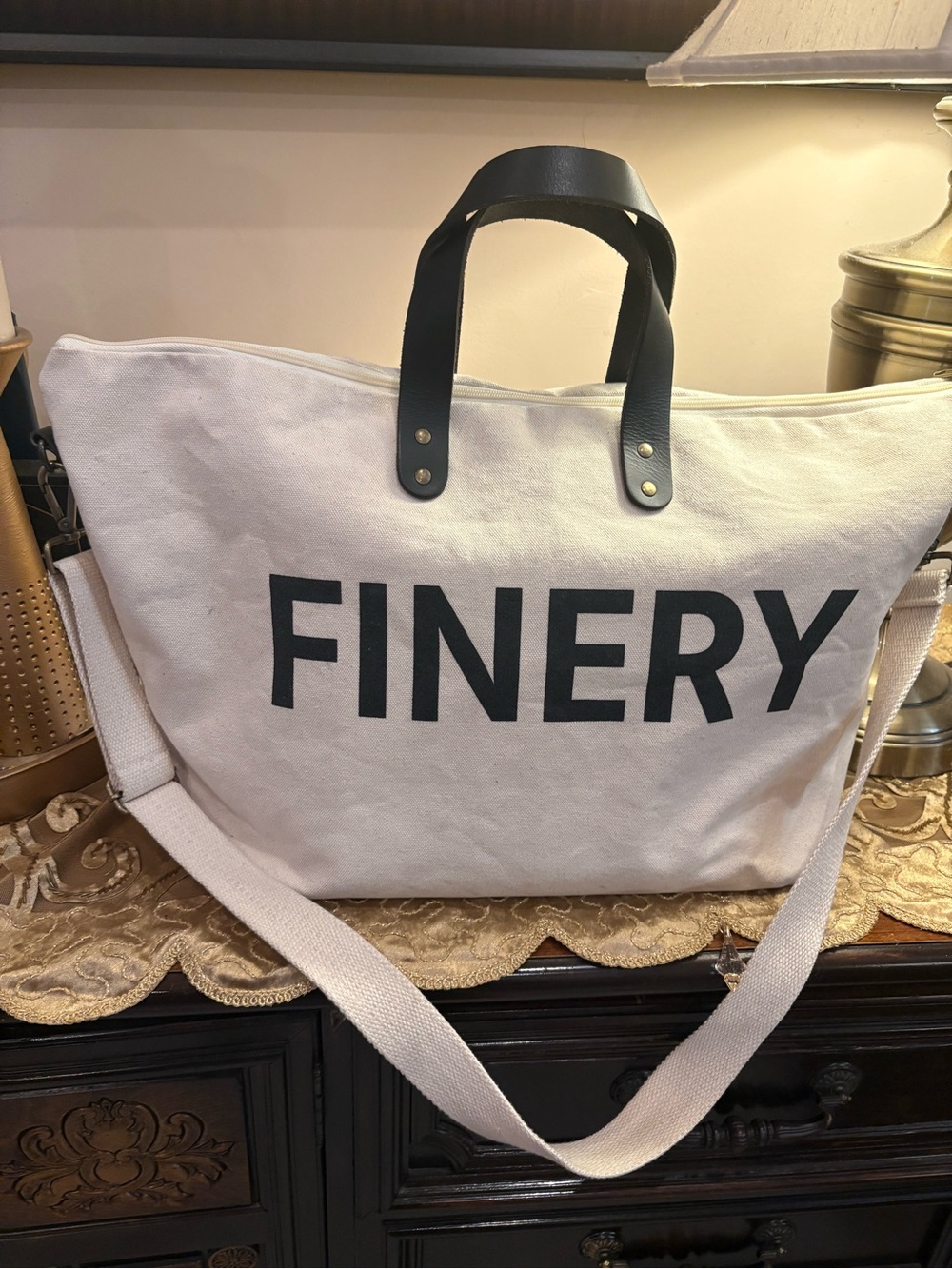 FINERY White Canvas Tote with Black Accents